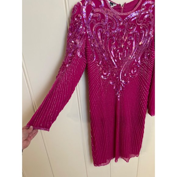 Vintage Carina Pink Silk Hand-Beaded Dress XL See Measurements Glam Hollywood - Picture 4 of 16